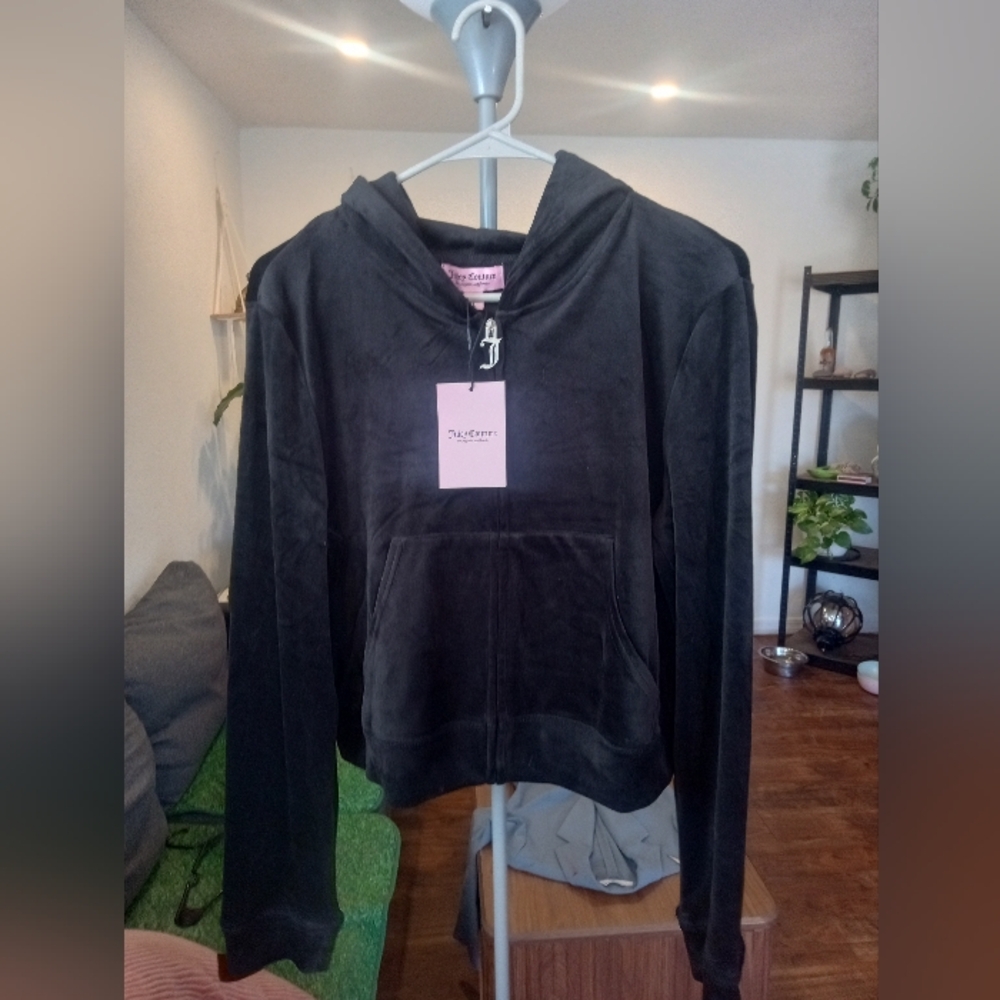 Juicy Couture Black Velour Zip Hoodie with Pink Tag Size Large